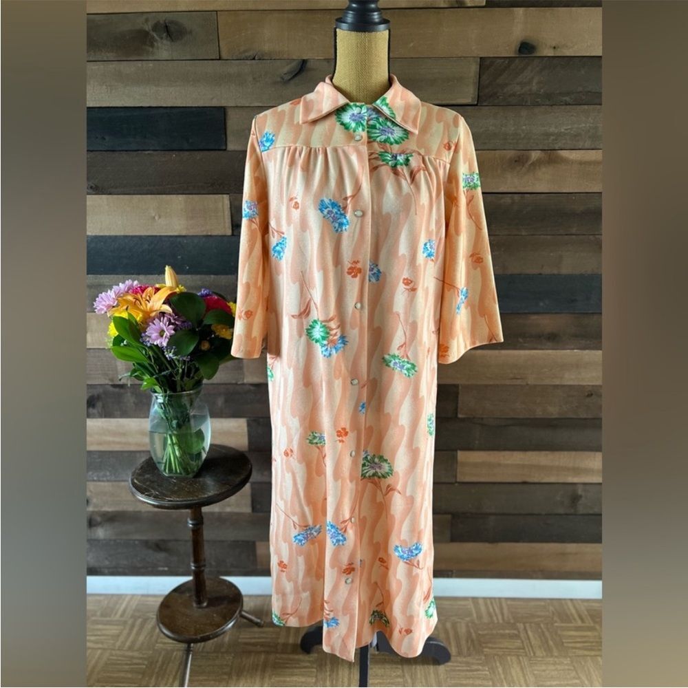 Vintage Floral Peach Orange Floral Snap Button Front Nightgown Size 12 - Picture 9 of 12